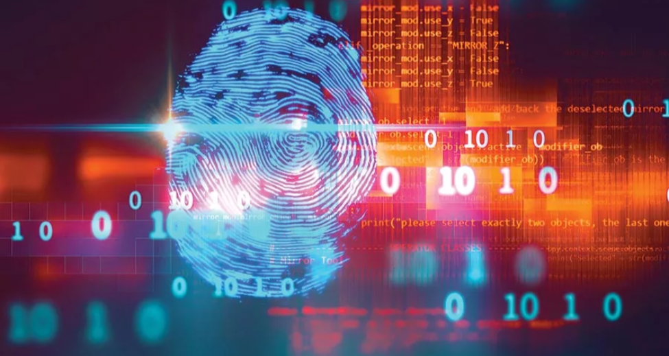A glowing digital fingerprint overlaid on streams of binary code against an orange city-lights backdrop, representing a hidden shadow IT asset