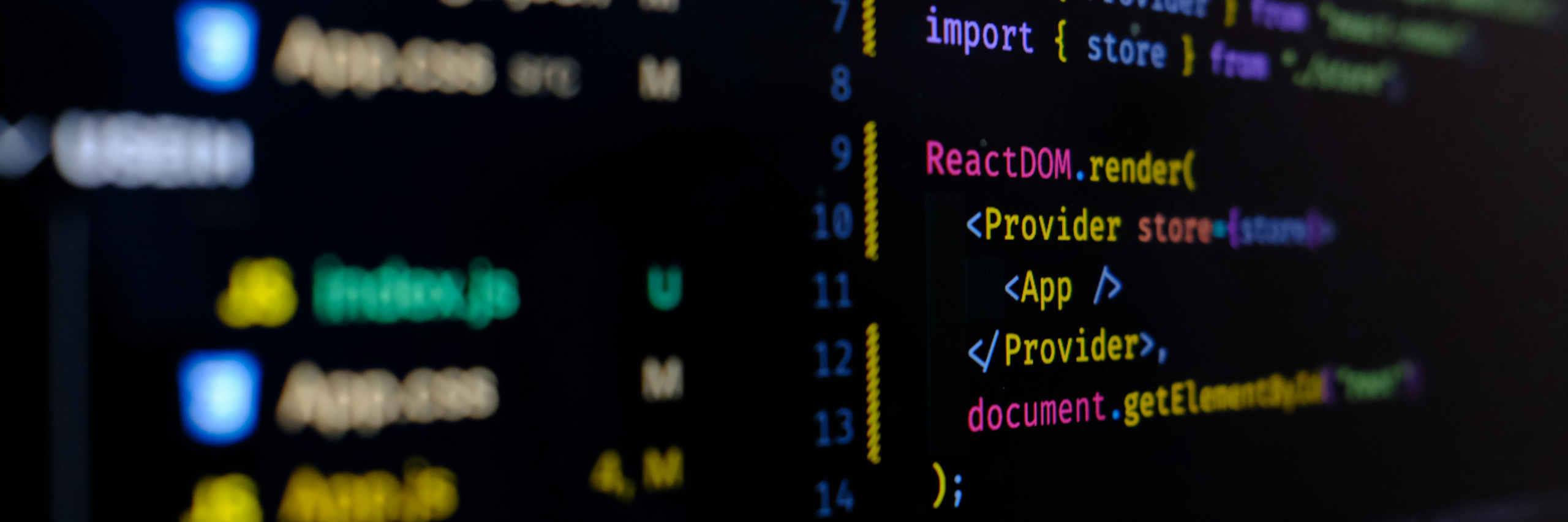 Close-up of a code editor showing React application code, with modified files flagged in a version-control panel